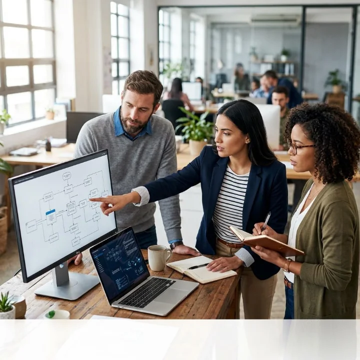 Business team reviewing a workflow together on a monitor