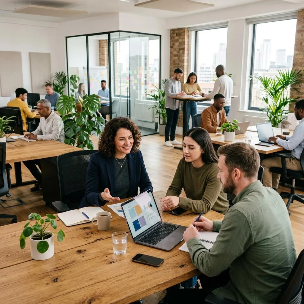 Business owner reviewing work with colleagues in a bright, collaborative office